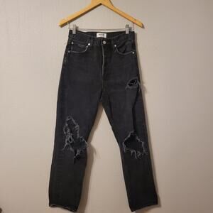Agolde 90s Pinch Waist Button Fly Jeans Womens 25 Black Distressed High Rise